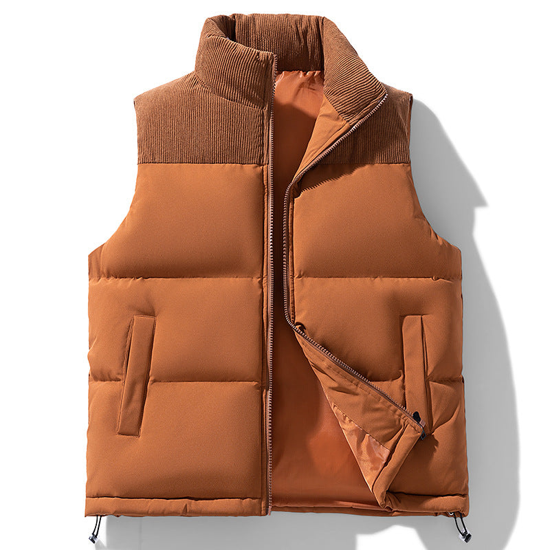 Men's Padded Quilted Vest with Corduroy Shoulder Panel and High Stand Collar Mune Fashion