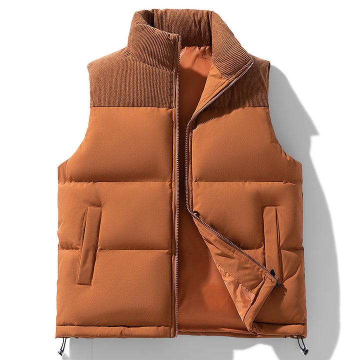 Men's Padded Quilted Vest with Corduroy Shoulder Panel and High Stand Collar Mune Fashion