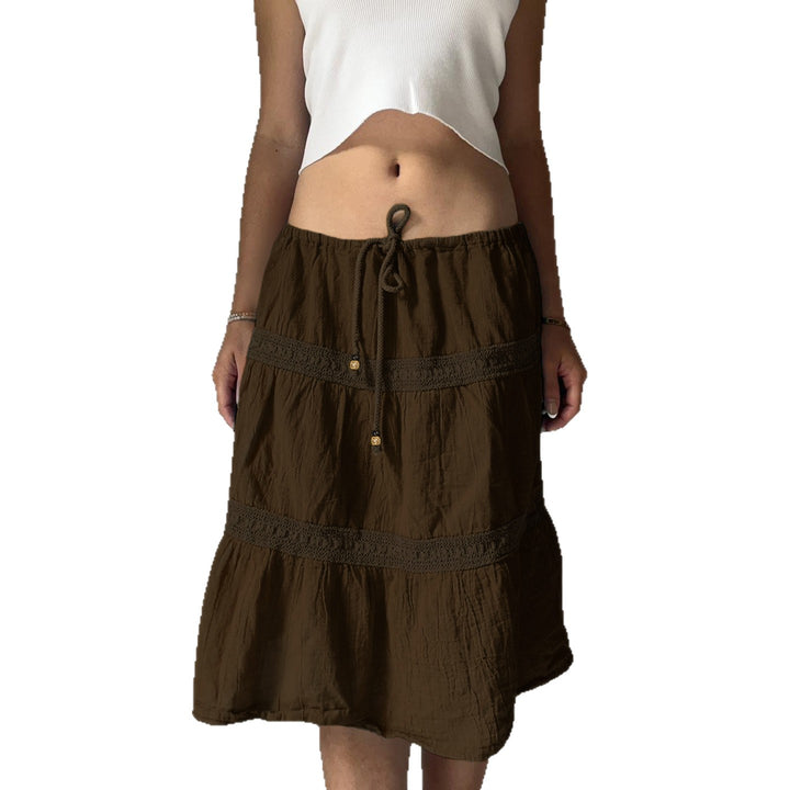 Women’s tiered boho midi skirt with elastic drawstring waistband and crochet band details Mune Fashion