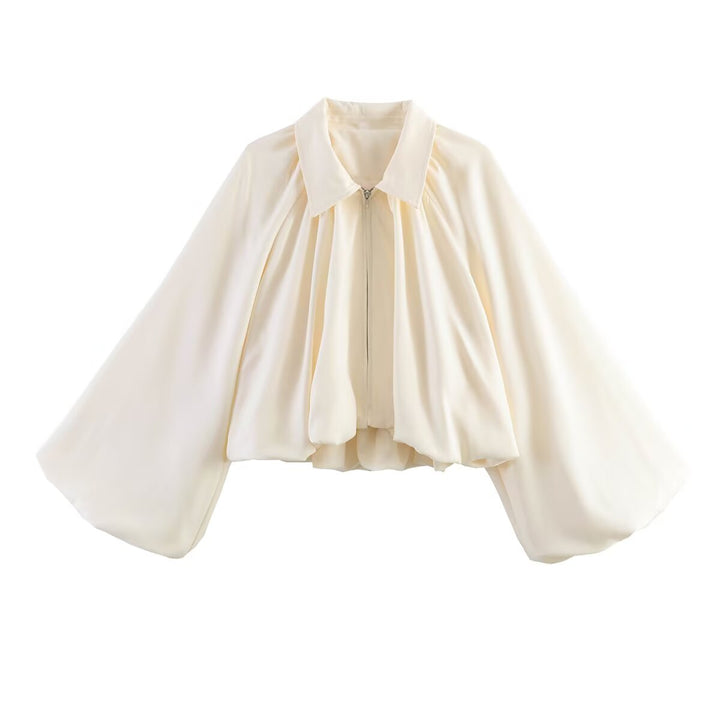 Women’s short-cut blouse jacket with wide balloon sleeve and zipper Mune Fashion
