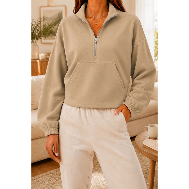 Women's Short Cut Sweatshirt Sweater with Half Zipper and Kangaroo Pocket Mune Fashion