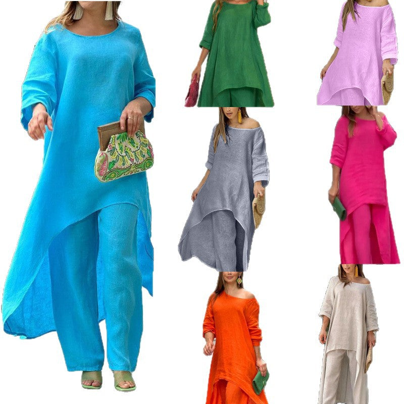 Women's airy linen-blend tunic set with wide palazzo pants Mune Fashion