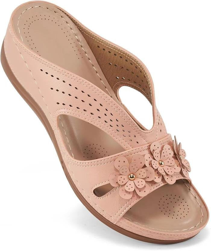 Ladies Comfortable Slippers with Flower Appliqué and Orthopedic Cushioning Mune Fashion