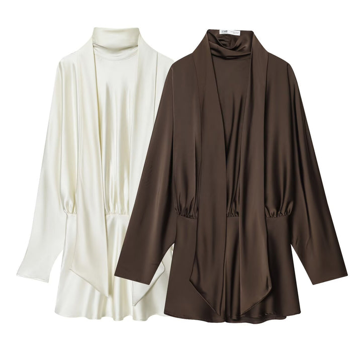 Women 30+ elegant silk-like blouse with stand-up collar and draped pull-over detail Mune Fashion