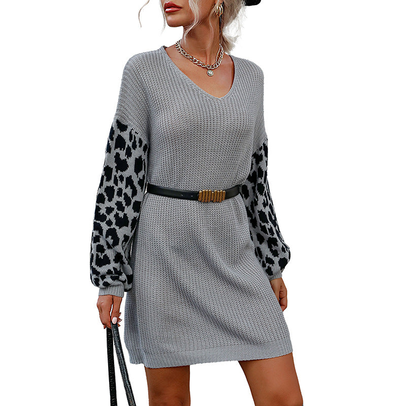 Women's Oversize Knit Dress with Off-the-Shoulder Neckline and Leopard Jacquard Sleeves Mune Fashion