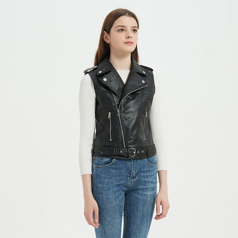 Women's biker leather vest with asymmetrical zipper