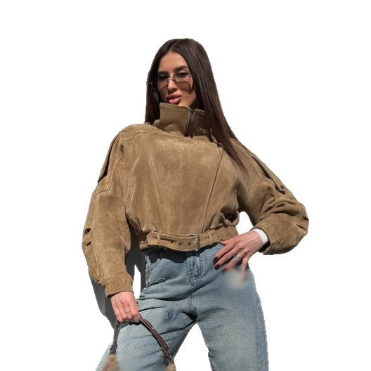 Ladies short-cut suede bomber jacket with belt & oversized sleeves Mune Fashion