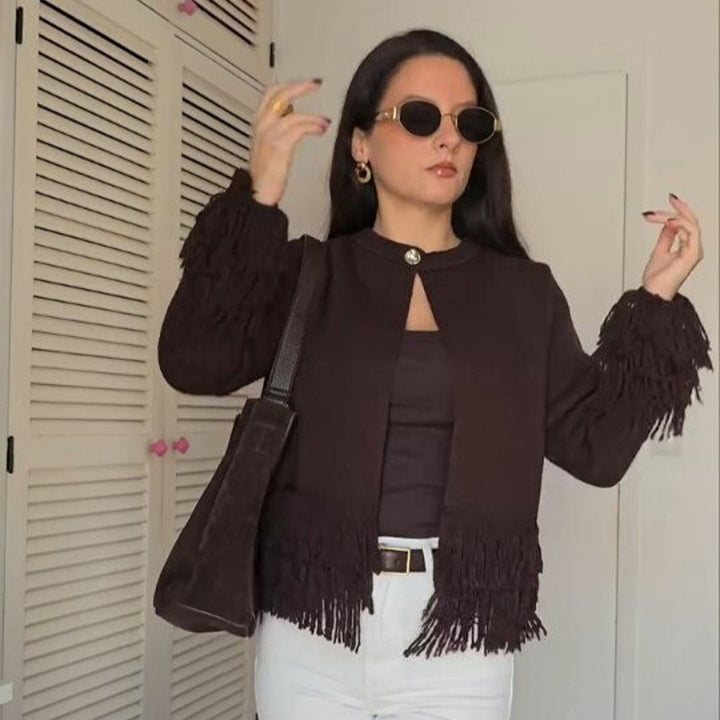Women's cardigan with layered fringes, mother-of-pearl closure and boxy silhouette Mune Fashion