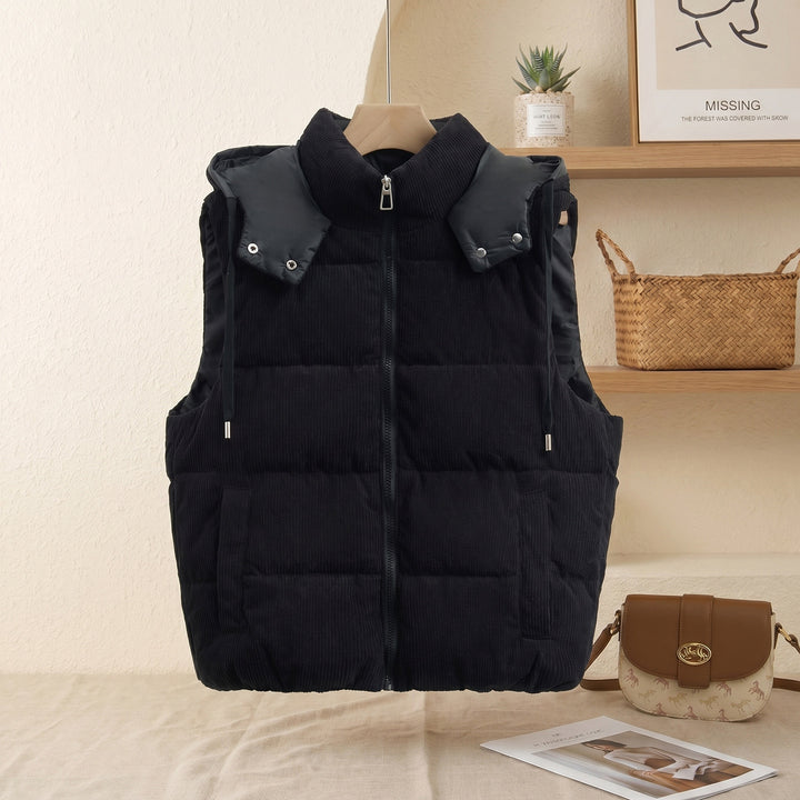 Ladies quilted cord vest with high shawl collar, padded insulation and detachable hood trim Mune Fashion