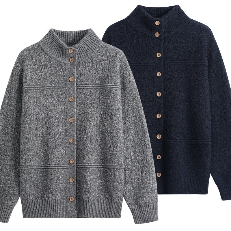 Women Long Oversize Wool Blend Cardigan with High Ribbed Collar and Vintage Buttons Mune Fashion