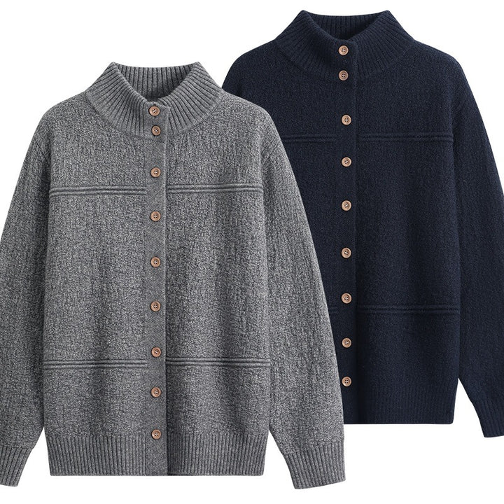 Women Long Oversize Wool Blend Cardigan with High Ribbed Collar and Vintage Buttons Mune Fashion