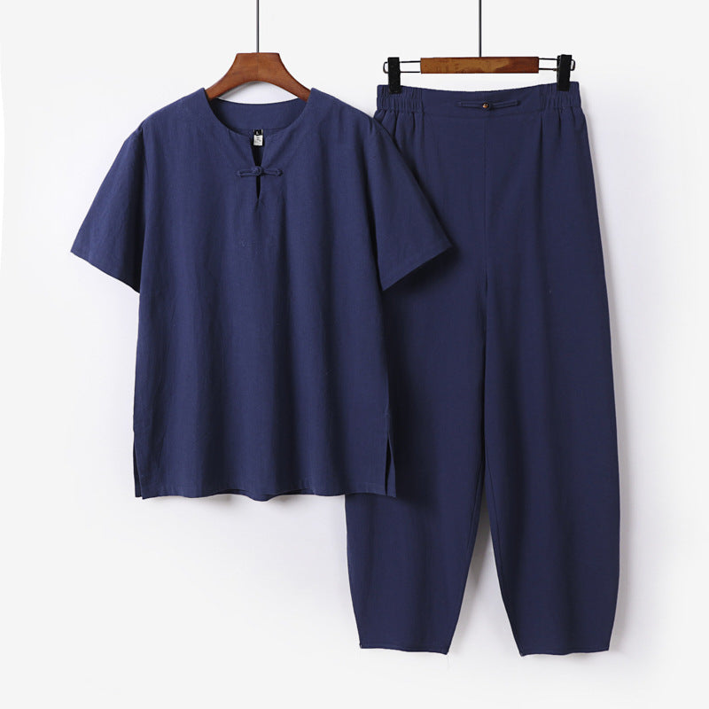 Men's Two-Piece Set with Short Sleeve Stand Collar Shirt and Elastic Harem Pants Mune Fashion
