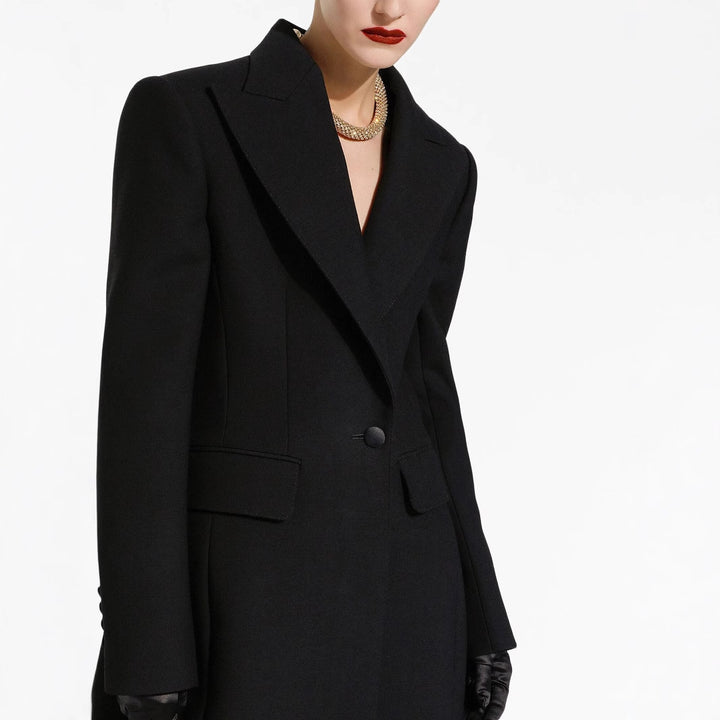 Women's Tailored Longline Coat with Sharp Lapels and Vent Mune Fashion