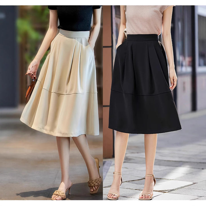 Women Elegant Midi Skirt with Pleats and High Waist Mune Fashion