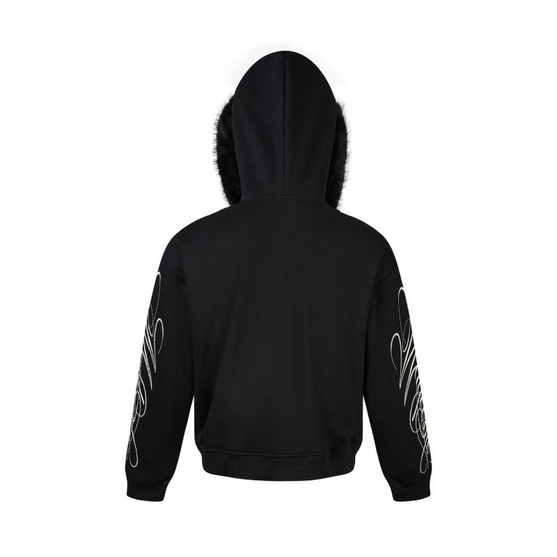 Unisex Oversize hoodie jacket with faux fur trim, zipper and graphic sleeves Mune Fashion