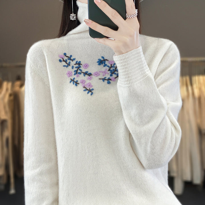 Women's Cashmere-Optics Turtleneck Sweater with Delicate Floral Embroidery on the Chest Area Mune Fashion