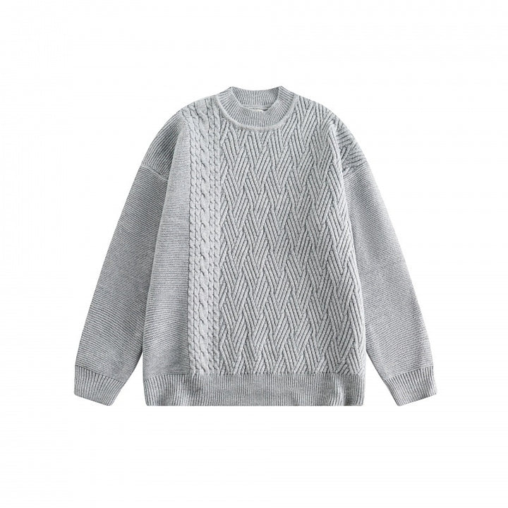 Unisex Oversize Knit Sweater with Asymmetrical Cable Pattern and Round Neckline Mune Fashion
