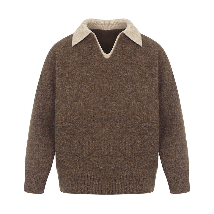 Women Oversize Wool Blend Sweater with Contrast Polo Collar and V-Neck Mune Fashion