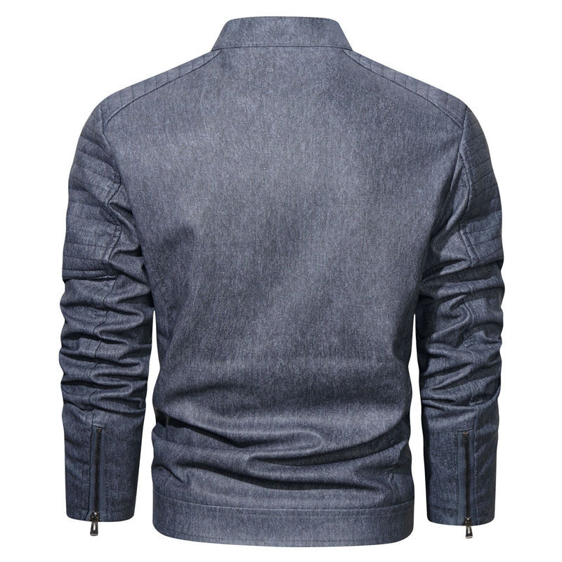 Men's Denim Look Bomber Jacket with Stand-up Collar and Quilted Shoulder Area Mune Fashion