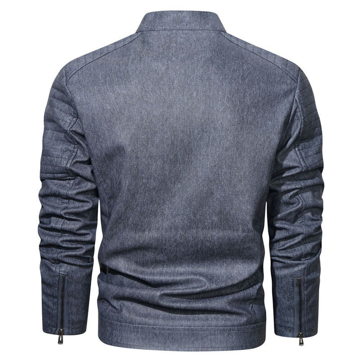 Men's Denim Look Bomber Jacket with Stand-up Collar and Quilted Shoulder Area Mune Fashion