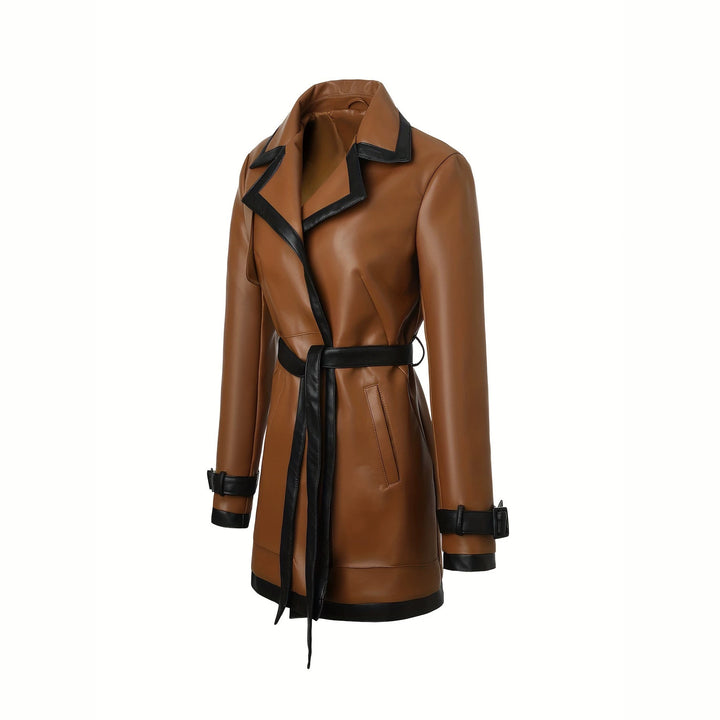 Women's Fashionable Faux Leather Trench Coat Mune Fashion