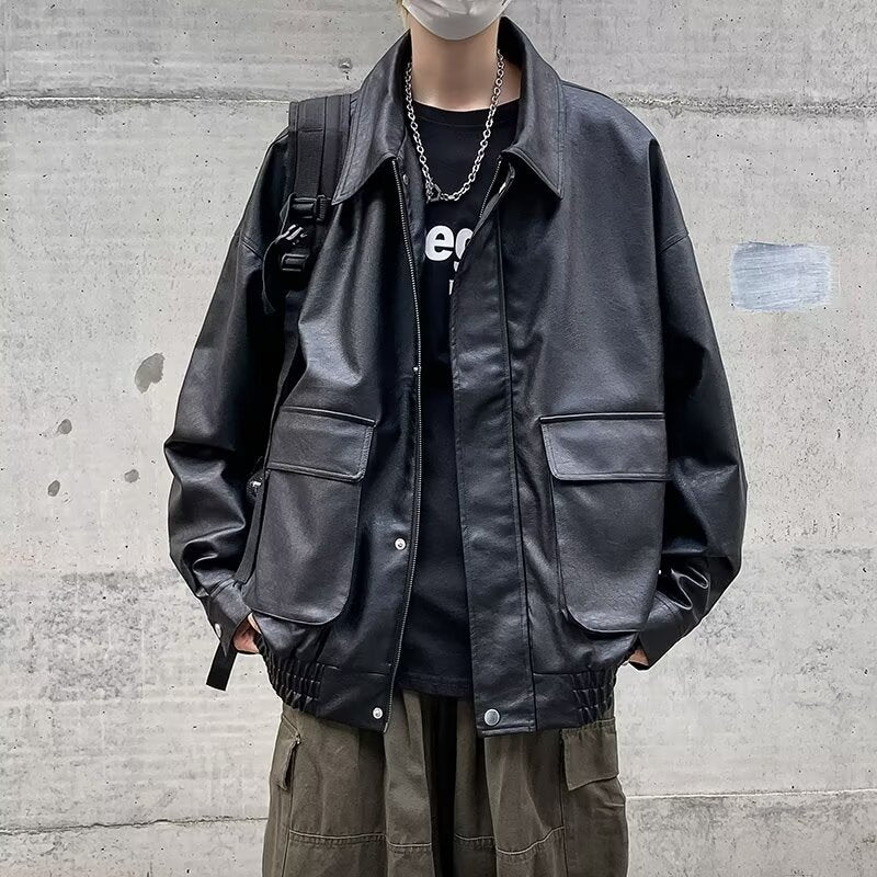 Men's Boxy Overshirt in Leather Look with Shirt Collar and Patch Breast Pockets Mune Fashion