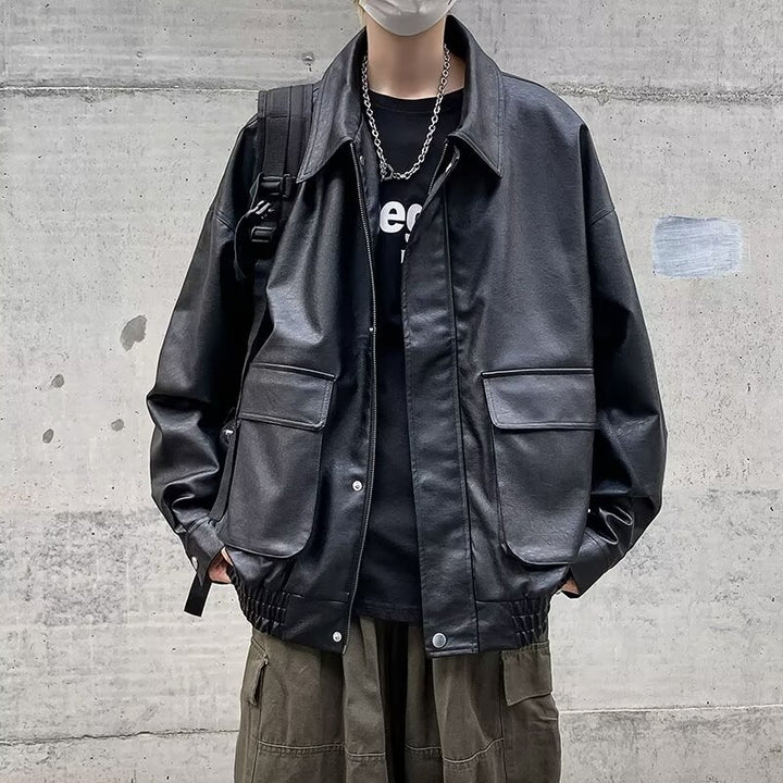 Men's Boxy Overshirt in Leather Look with Shirt Collar and Patch Breast Pockets Mune Fashion