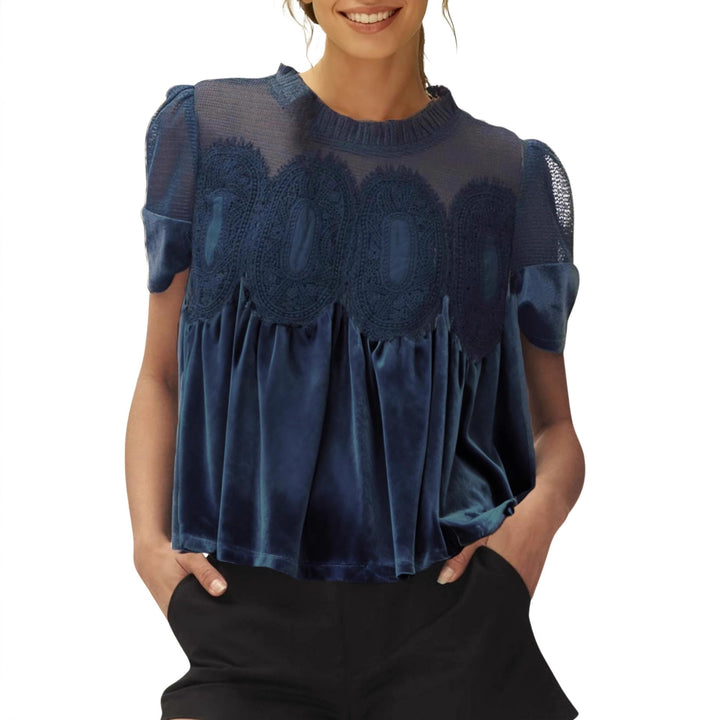 Women's velvet blouse with lace trim, transparent insert, and gathered A-line Mune Fashion