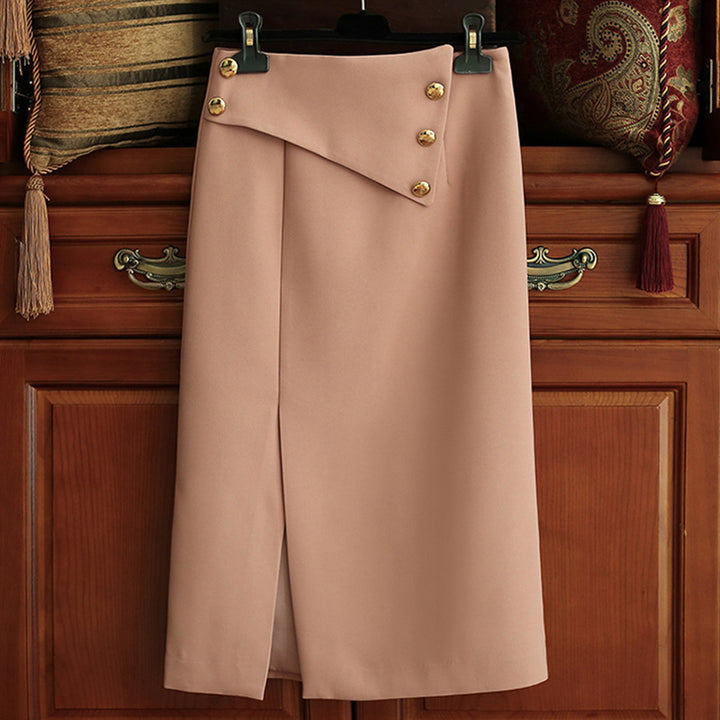 Women's Elegant Midi Skirt with Asymmetrical Cut and Gold Buttons Mune Fashion