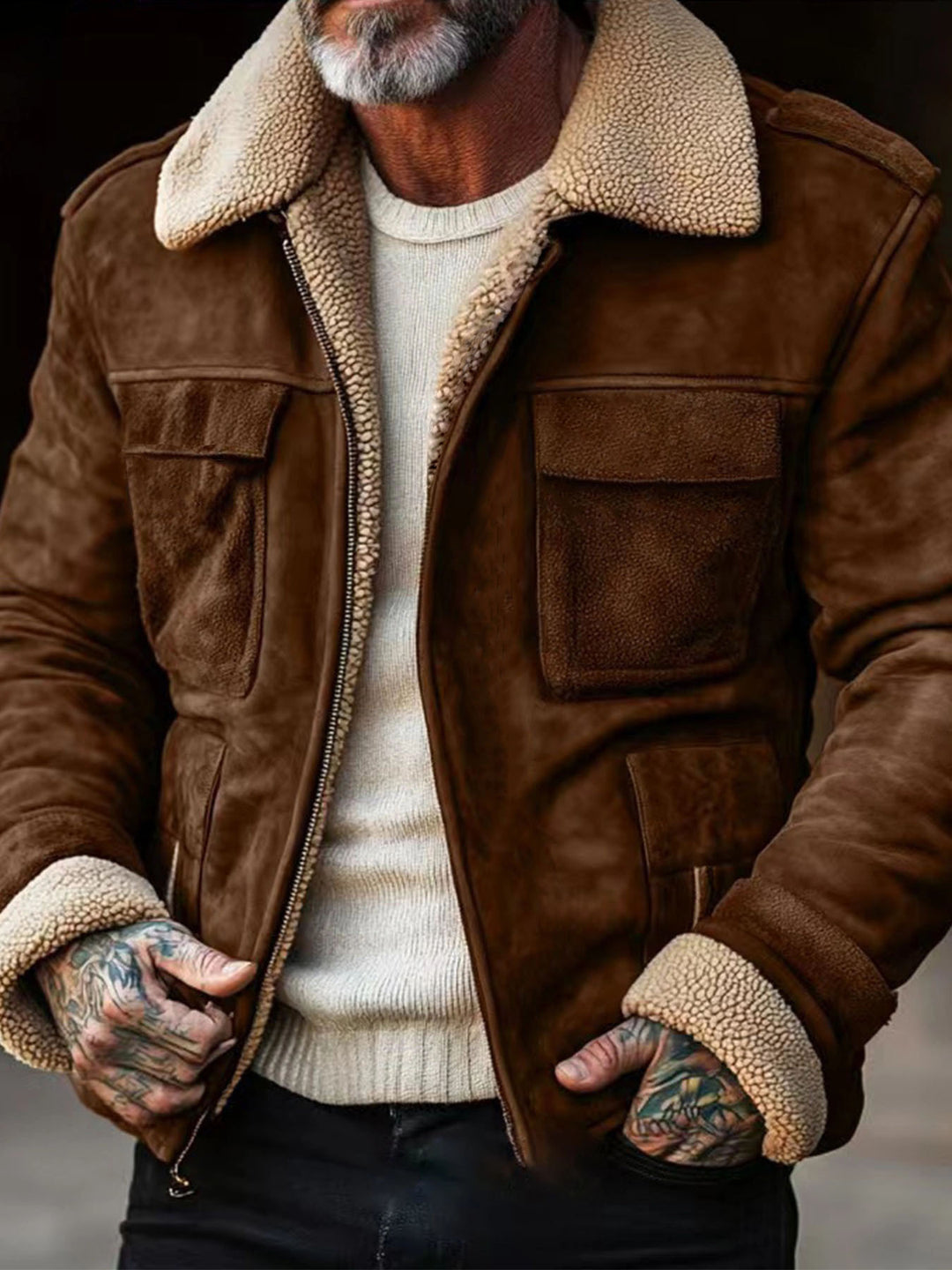 Men's nan aviator leather jacket with faux shearling lining, patch chest pockets and zip Mune Fashion
