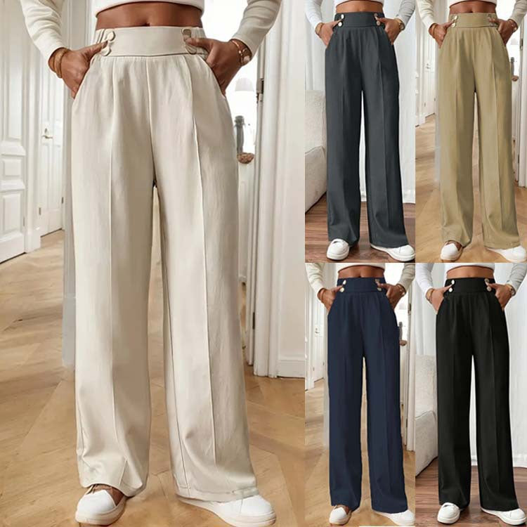 Women's High-Waisted Wide Marlene Pants with Decorative Button Waistband and Ironed Pleat Mune Fashion