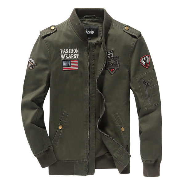 Men's military-inspired bomber jacket with embroidered patches, sleeve pocket, and elastic ribbed cuffs Mune Fashion