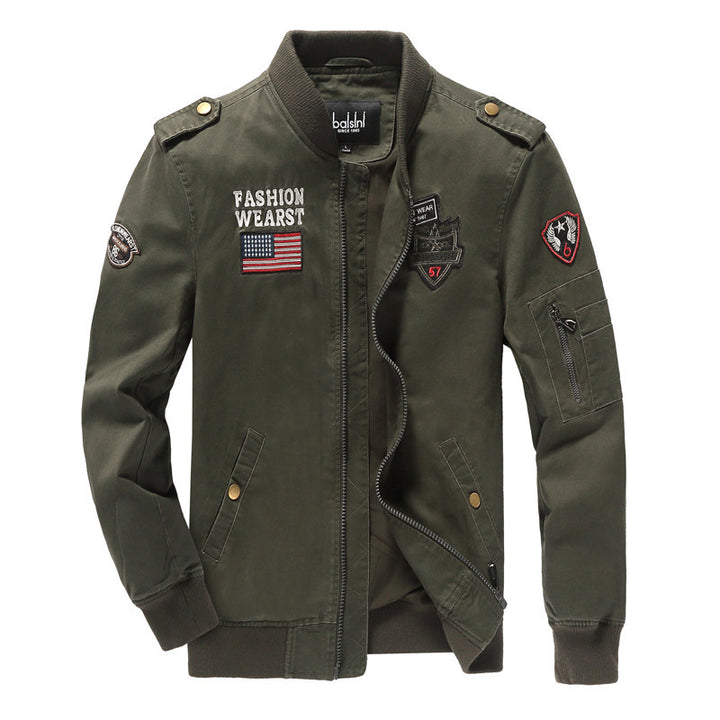 Men's military-inspired bomber jacket with embroidered patches, sleeve pocket, and elastic ribbed cuffs Mune Fashion