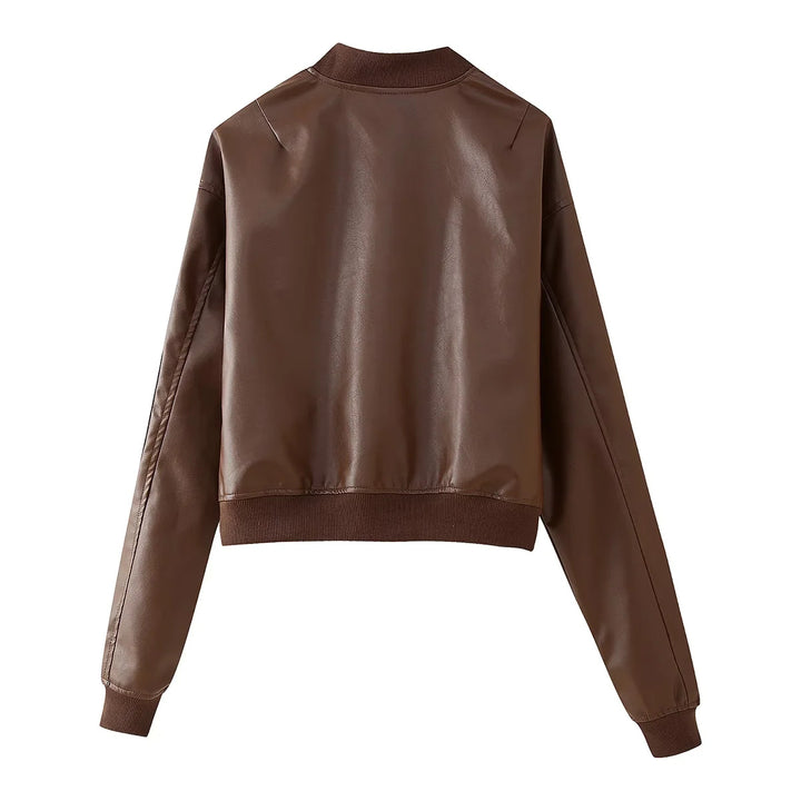 Women's fitted short faux leather bomber jacket with sleeve zipper and ribbed cuffs Mune Fashion