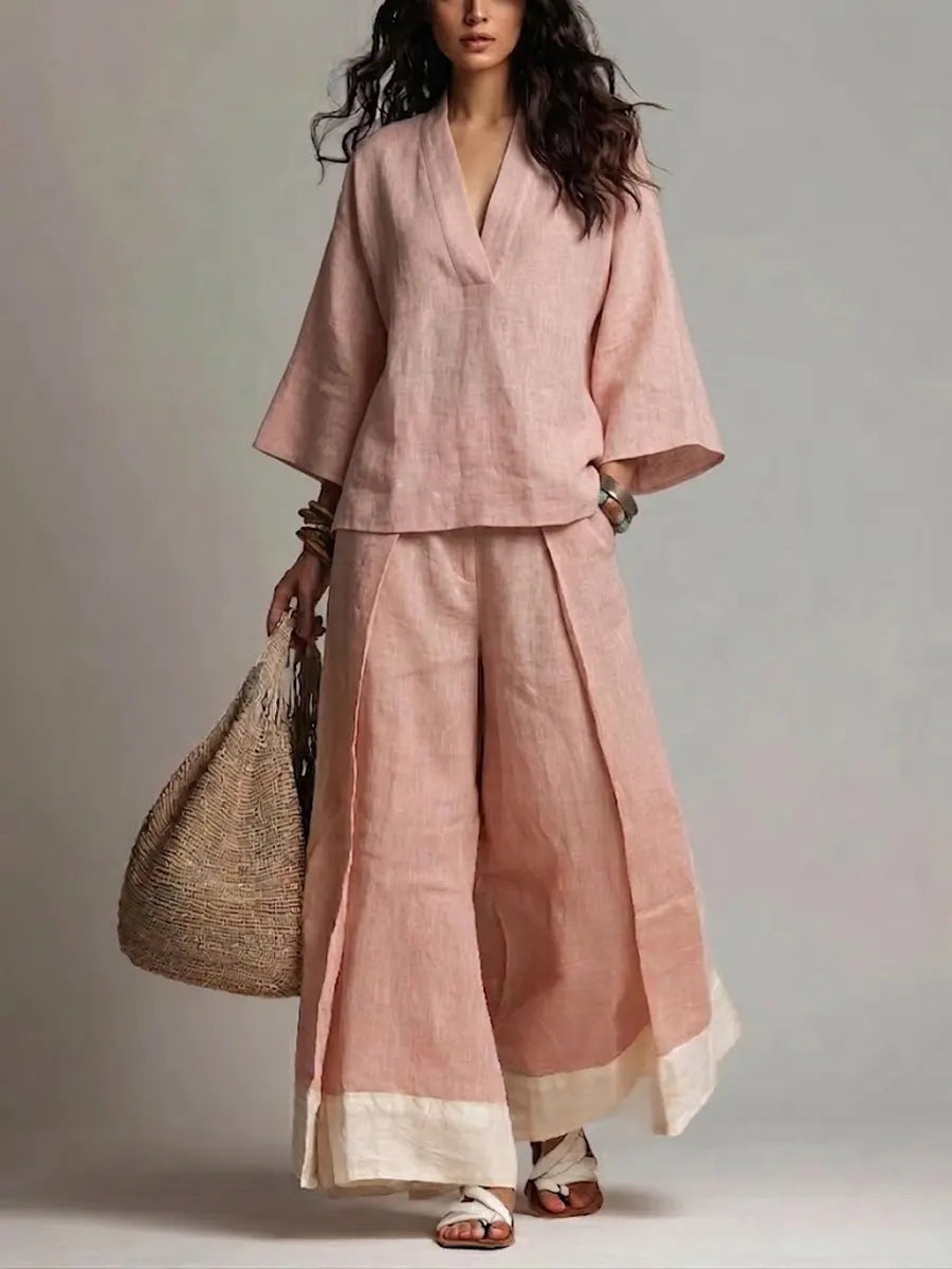 Women's linen two-piece set with wide palazzo pants V-neck and contrasting hem Mune Fashion