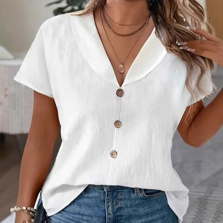 Women's airy linen-look blouse with broad shawl collar and decorative button placket Mune Fashion