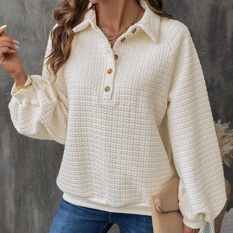Women's structured sweater with polo collar, button placket and check pattern Mune Fashion