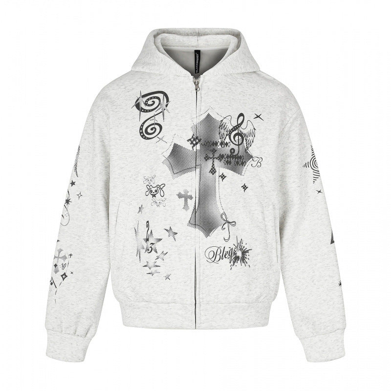 Unisex Oversized Hooded Zip Jacket with Allover Graphic Print, Zipper and Ribbed Hem Mune Fashion