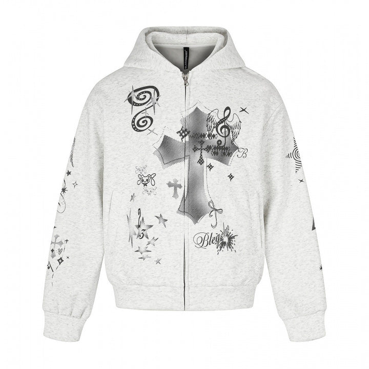 Unisex Oversized Hooded Zip Jacket with Allover Graphic Print, Zipper and Ribbed Hem Mune Fashion