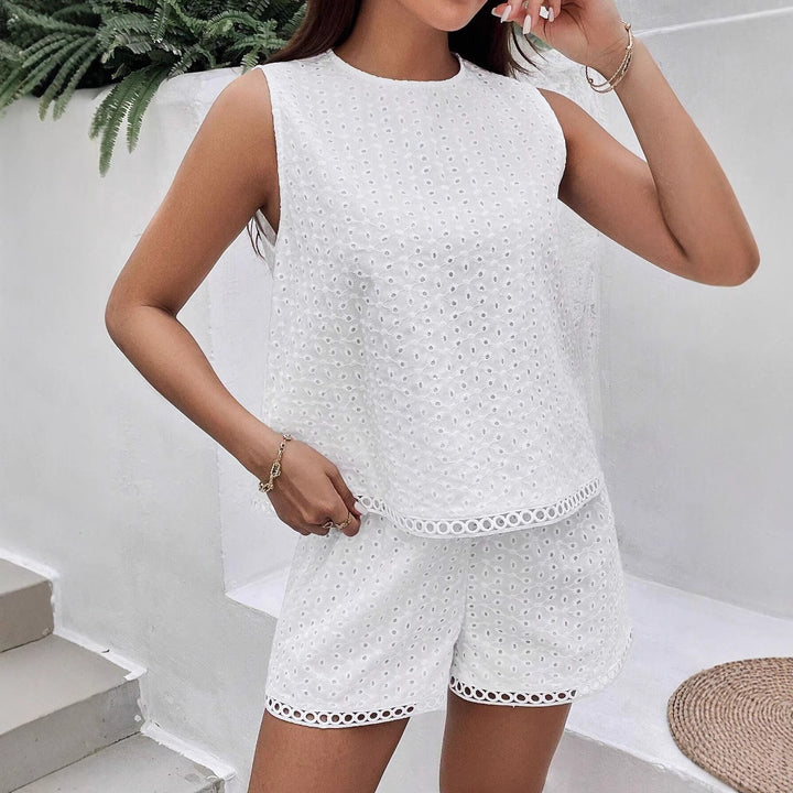 Women's sleeveless lace embroidery two-piece with high-neck top and elastic waist pants Mune Fashion