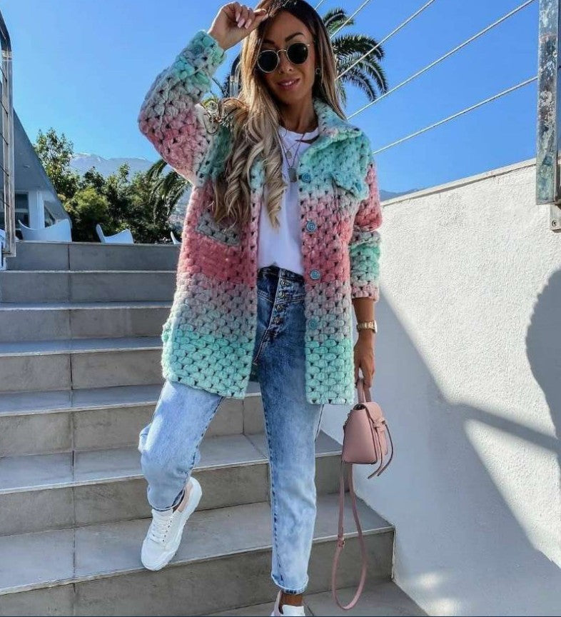 Women Crocheted Oversized Cardigan with Gradient, Button Placket and Patch Pockets Mune Fashion