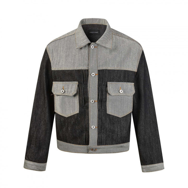 Men's cropped patchwork denim jacket with flap pockets and constructive seam guidance Mune Fashion