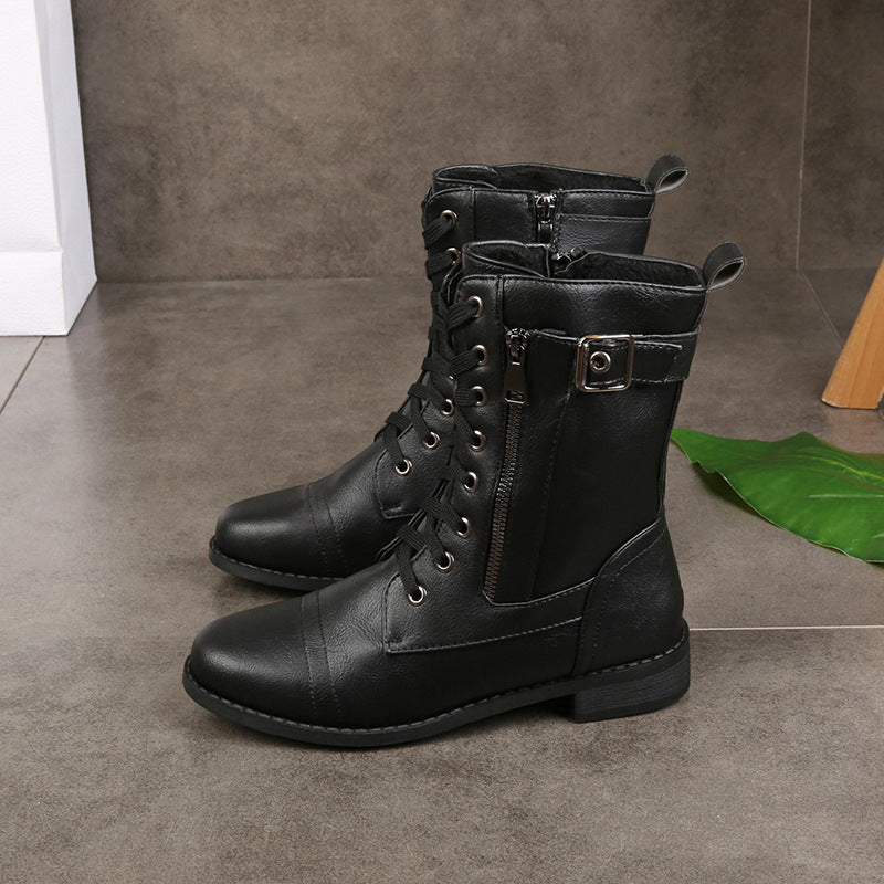 Women's ankle-high lace-up boots made of synthetic leather with a side zipper and durable tread sole Mune Fashion