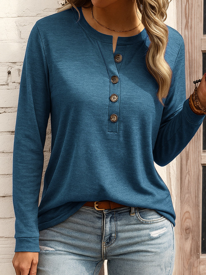 Women's Long Sleeve Henley Shirt with Button Placket and Notch Neckline Mune Fashion
