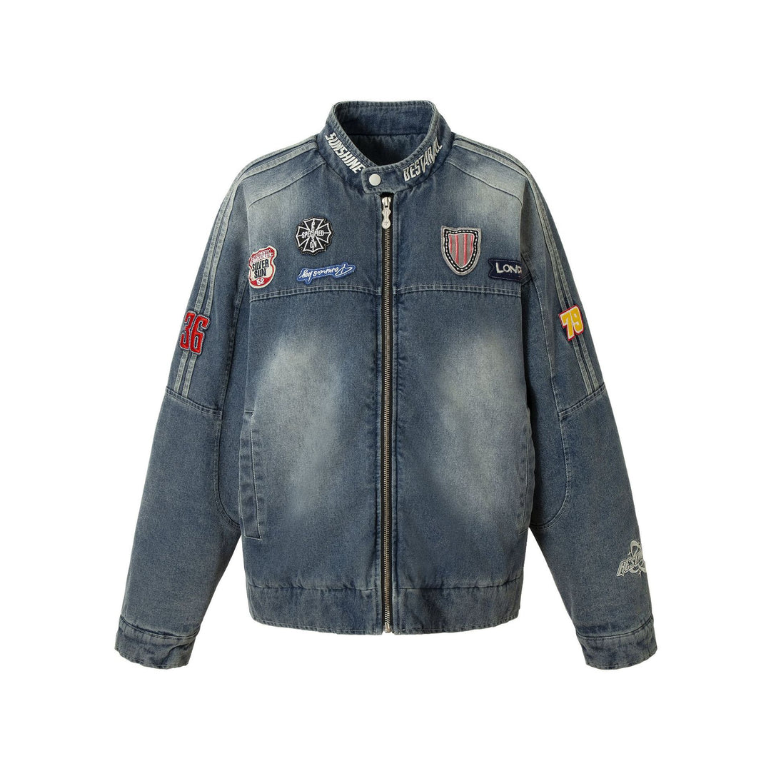 Men's jeans bomber jacket with vintage wash, patch detail and stand-up collar Mune Fashion