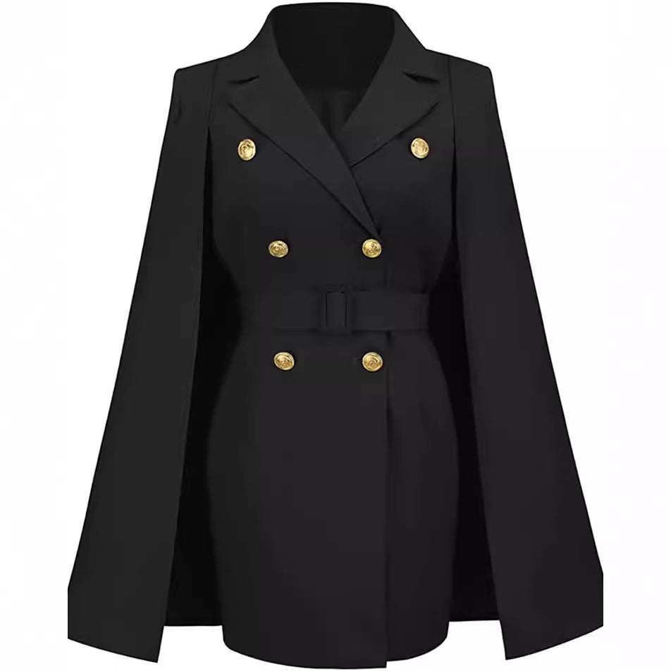 Women's short blazer dress with cape sleeves and double-breasted decorative button placket Mune Fashion