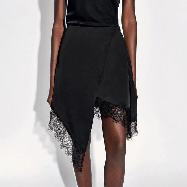Women’s nan asymmetrical wrap skirt with lace trim and satin-like drape Mune Fashion