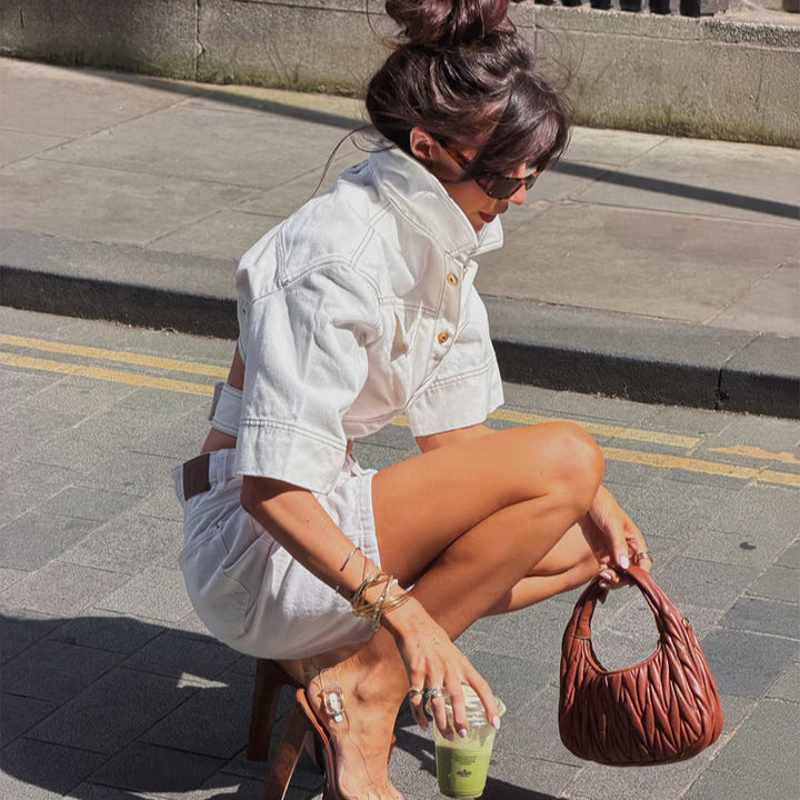 Women Short-Cut Denim Jacket with Waistband and Chest Pockets Mune Fashion