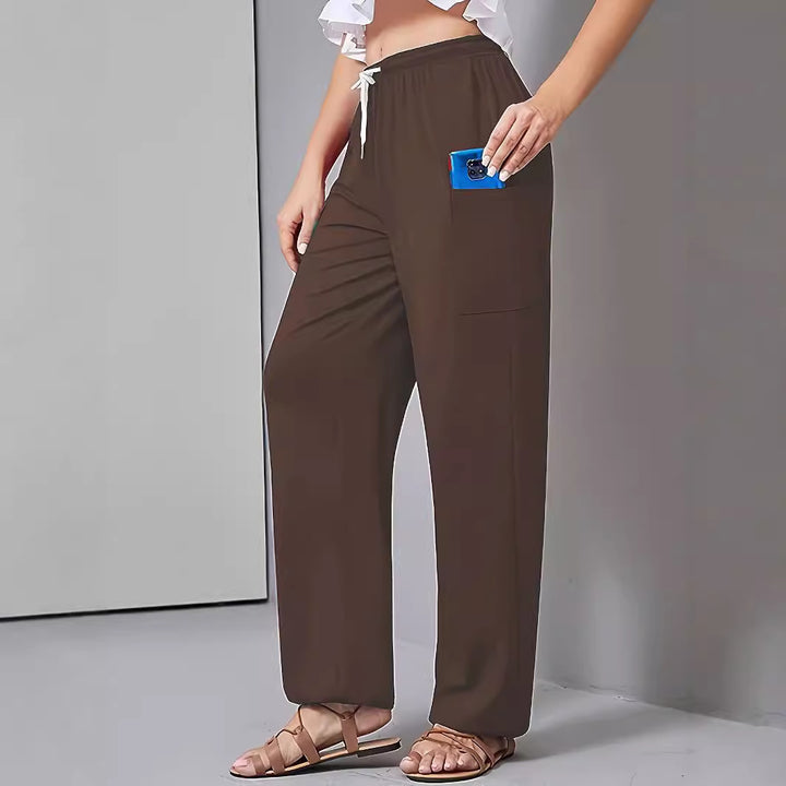 Women Loose Jersey Lounge Pants with Elastic Waistband, Drawstring and Large Side Pocket Mune Fashion