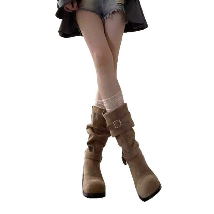 Women half-height slouch boots made of suede look with adjustable decorative straps and medium high block heel Mune Fashion
